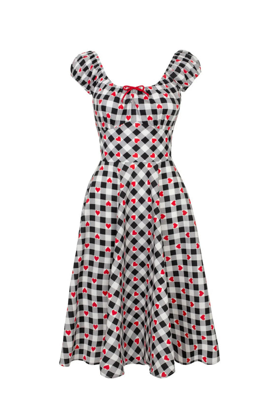 Hell Bunny Leonie Midi Dress Black and White Gingham with Red Hearts