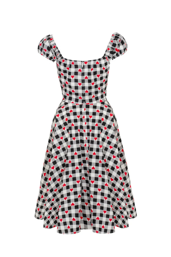 Hell Bunny Leonie Midi Dress Black and White Gingham with Red Hearts