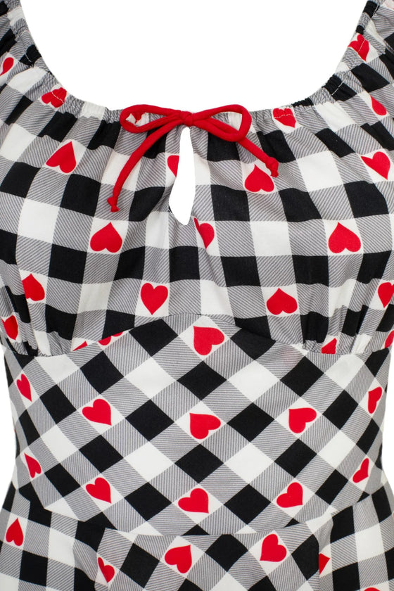 Hell Bunny Leonie Midi Dress Black and White Gingham with Red Hearts