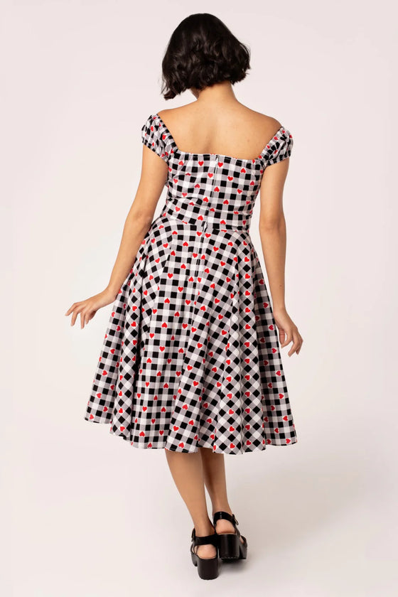 Hell Bunny Leonie Midi Dress Black and White Gingham with Red Hearts