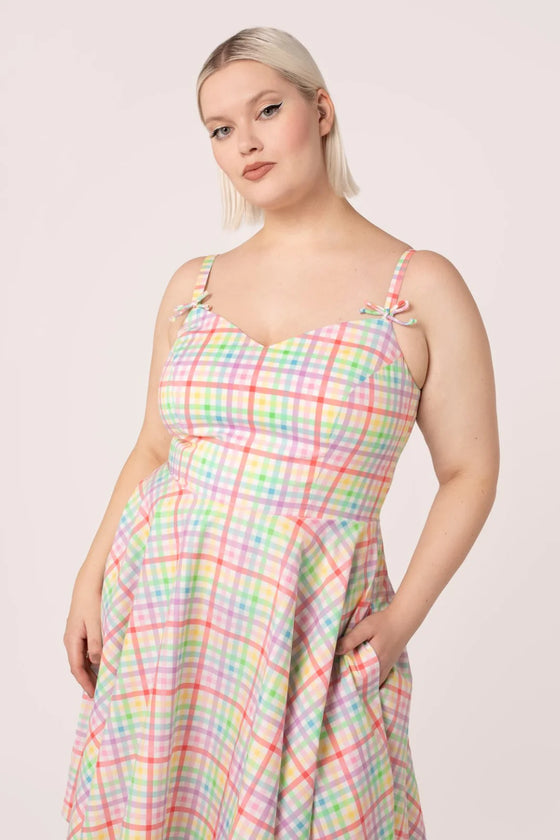 Hell Bunny Suzon Knee Dress Rainbow Gingham Plaid Check