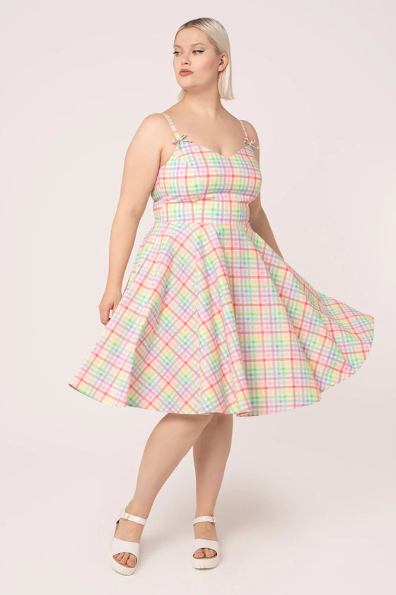 Hell Bunny Suzon Knee Dress Rainbow Gingham Plaid Check