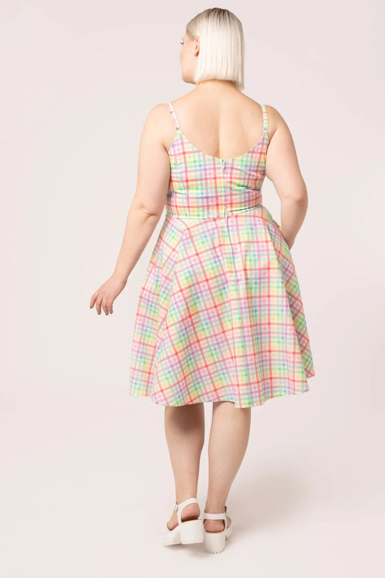 Hell Bunny Suzon Knee Dress Rainbow Gingham Plaid Check