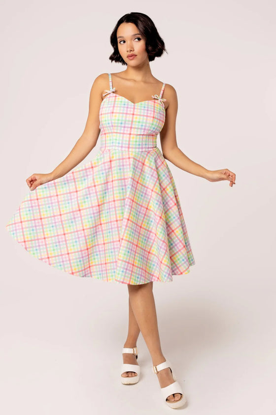 Hell Bunny Suzon Knee Dress Rainbow Gingham Plaid Check
