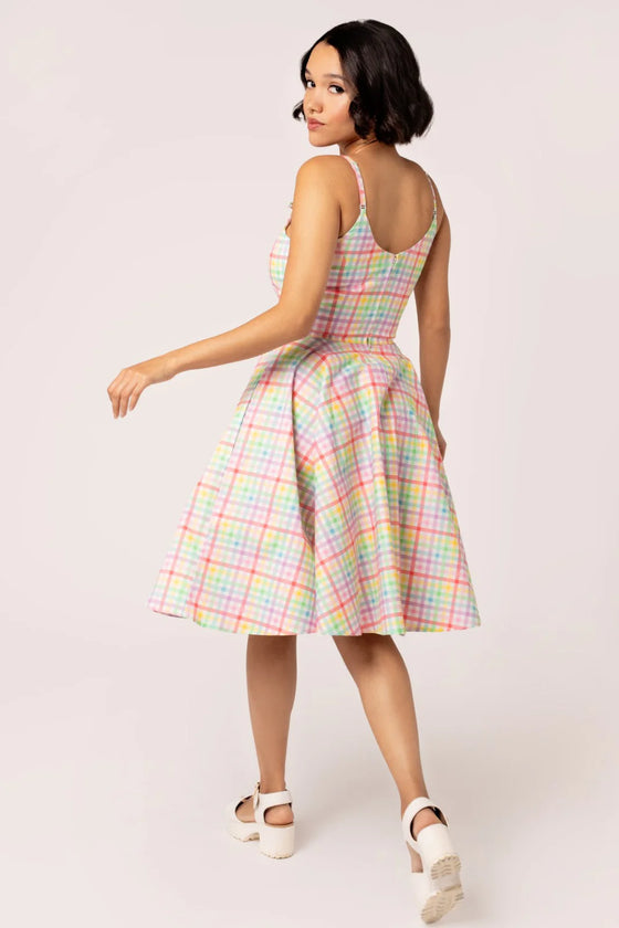 Hell Bunny Suzon Knee Dress Rainbow Gingham Plaid Check