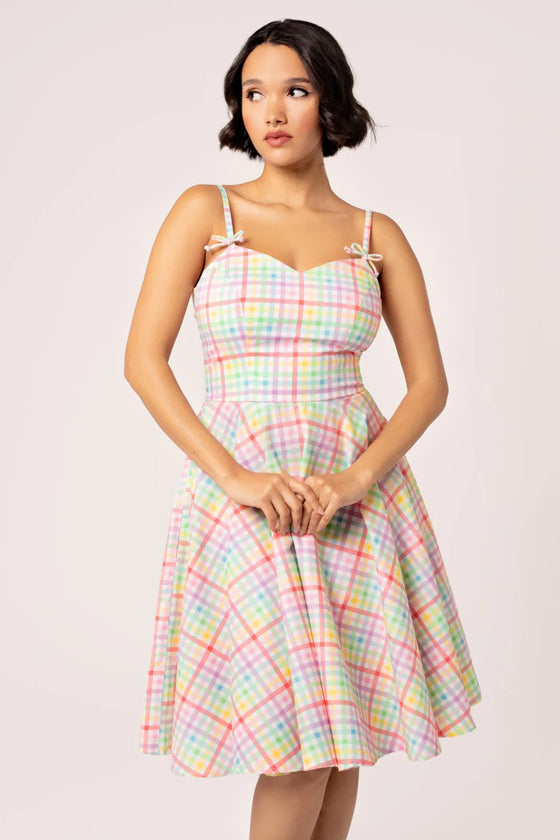 Hell Bunny Suzon Knee Dress Rainbow Gingham Plaid Check