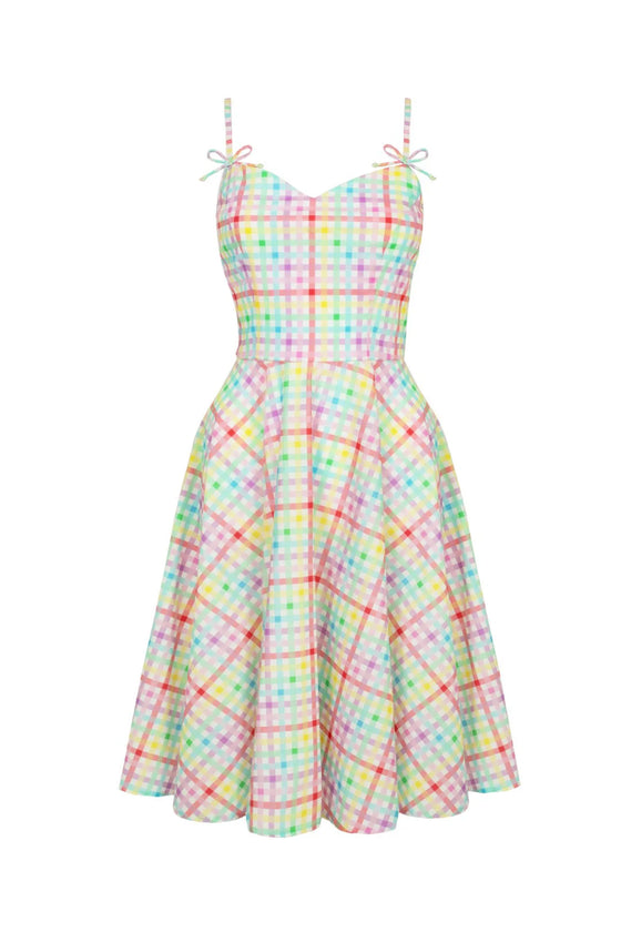 Hell Bunny Suzon Knee Dress Rainbow Gingham Plaid Check