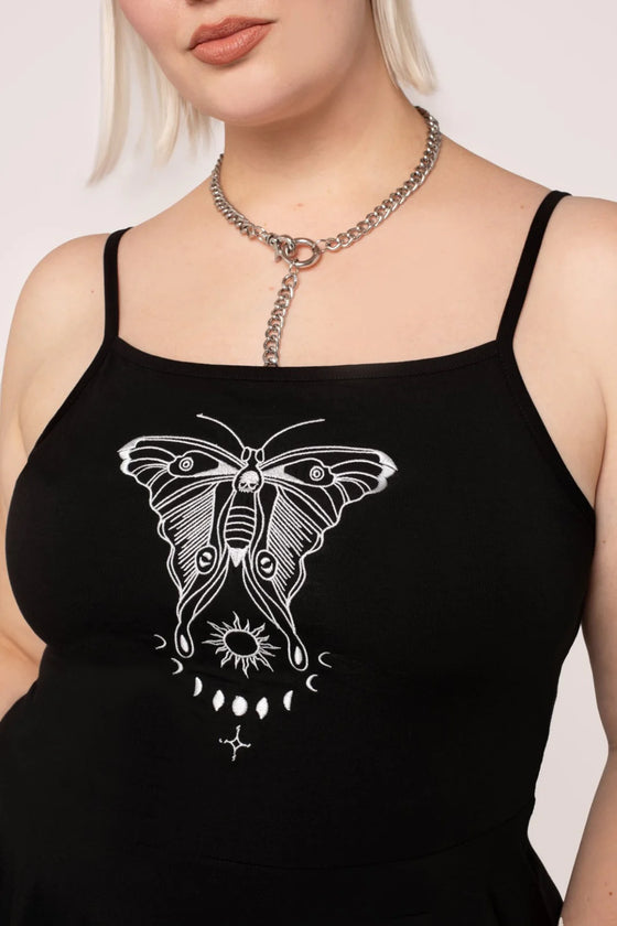 Hell Bunny Metamorphosis Mini Dress Moth Embroidery and Lacing