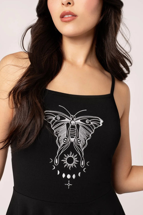Hell Bunny Metamorphosis Mini Dress Moth Embroidery and Lacing