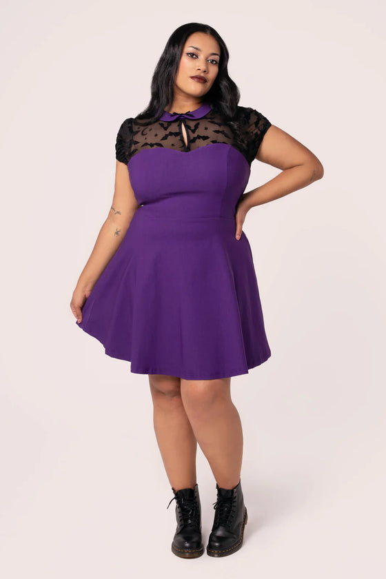 Hell Bunny Batsy Dress in Purple with Bat Mesh and Peter Pan Collar Halloween