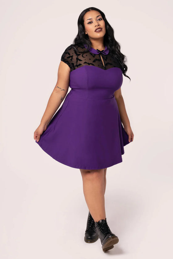 Hell Bunny Batsy Dress in Purple with Bat Mesh and Peter Pan Collar Halloween