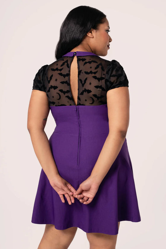 Hell Bunny Batsy Dress in Purple with Bat Mesh and Peter Pan Collar Halloween