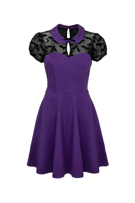 Hell Bunny Batsy Dress in Purple with Bat Mesh and Peter Pan Collar Halloween
