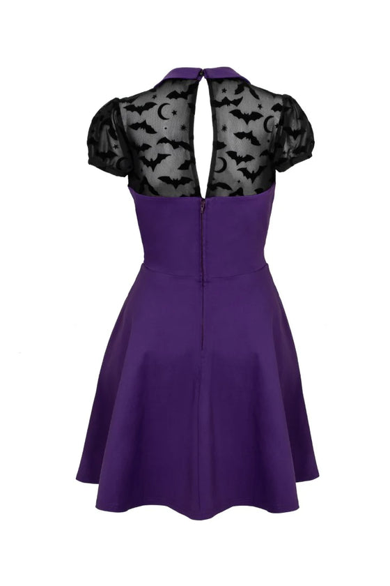Hell Bunny Batsy Dress in Purple with Bat Mesh and Peter Pan Collar Halloween