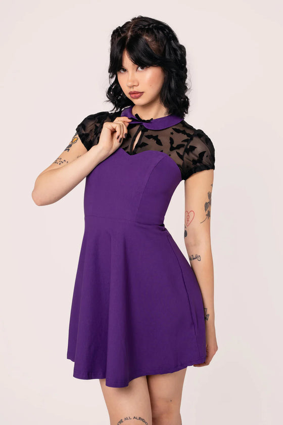 Hell Bunny Batsy Dress in Purple with Bat Mesh and Peter Pan Collar Halloween
