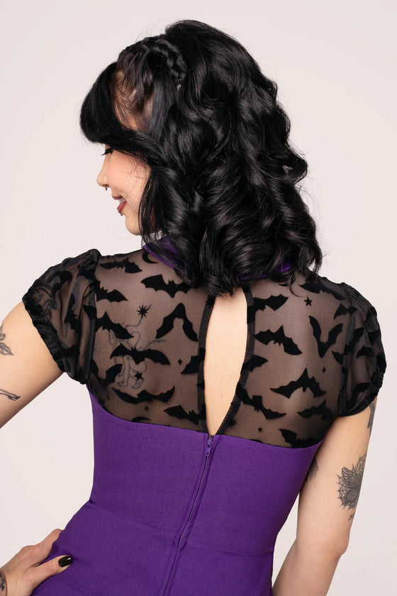Hell Bunny Batsy Dress in Purple with Bat Mesh and Peter Pan Collar Halloween