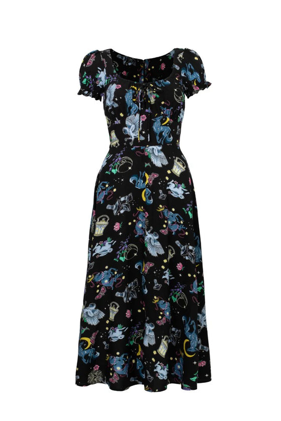Hell Bunny Moonlit Midi Dress with Enchanting Woodland and Celestial Print