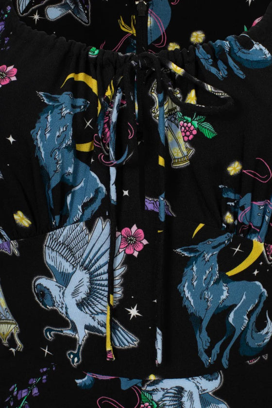 Hell Bunny Moonlit Midi Dress with Enchanting Woodland and Celestial Print
