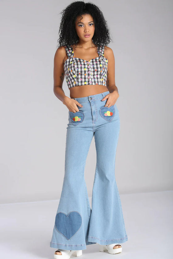 Hell Bunny Molly Flared Jeans in Blue Fruit Embroidery and Hearts STRETCHY
