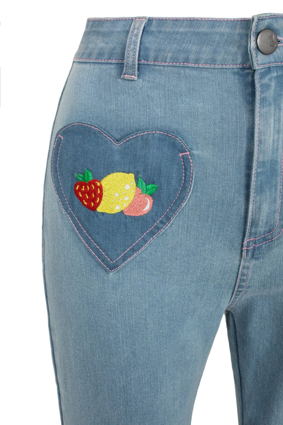 Hell Bunny Molly Flared Jeans in Blue Fruit Embroidery and Hearts STRETCHY