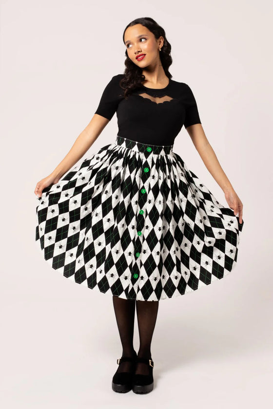 Hell Bunny Regina Circle Skirt with Harlequin Spider Design Halloween Kitty Deluxe