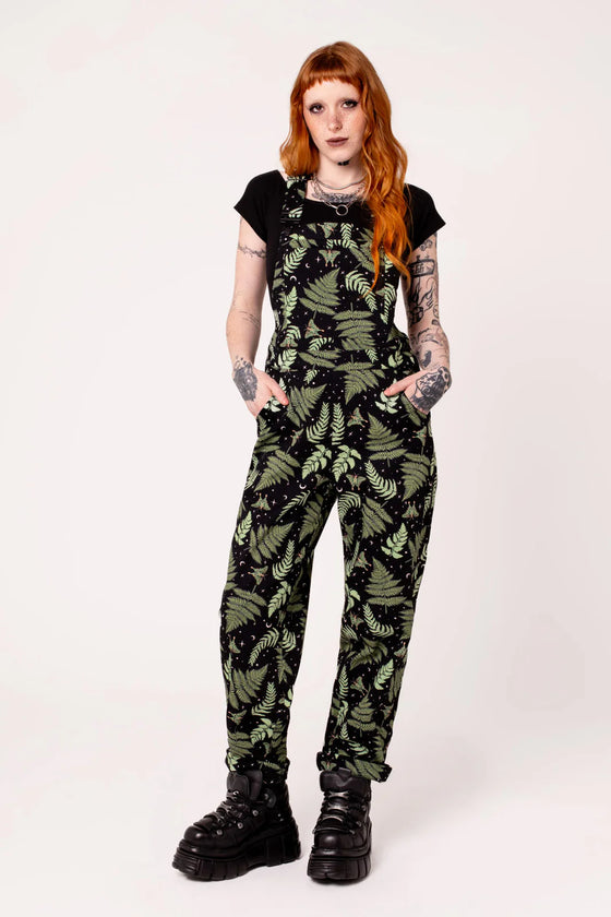 Hell Bunny Gaia Canvas Dungaree / Overalls Foliage Mystical Stretchy