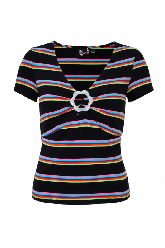 Hell Bunny Lyla Top in Black and Rainbow Stripe Flower Power