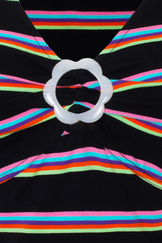 Hell Bunny Lyla Top in Black and Rainbow Stripe Flower Power