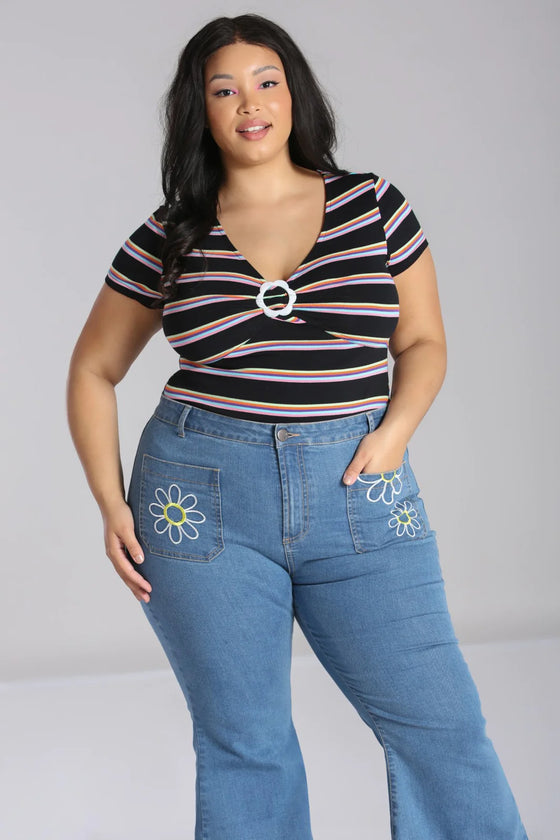 Hell Bunny Lyla Top in Black and Rainbow Stripe Flower Power
