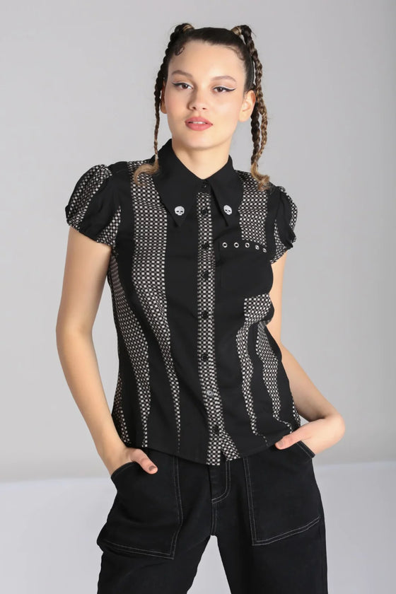Hell Bunny Lita Blouse Skulls and Gingham Stripes