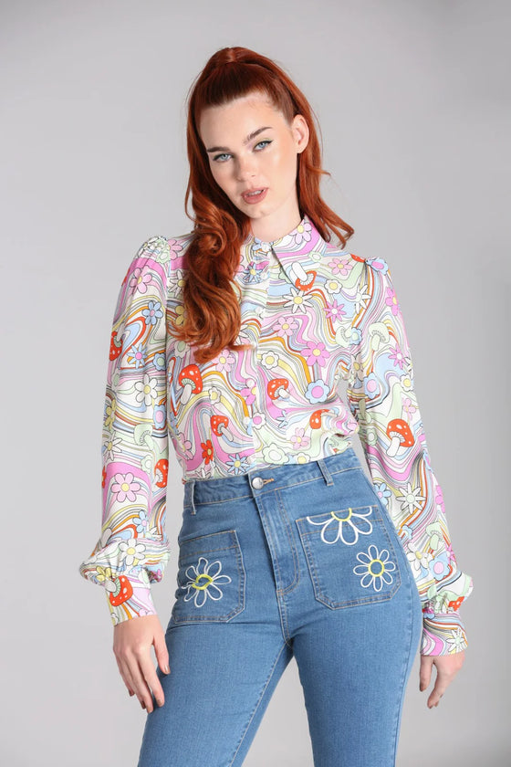 Hell Bunny Happy Daze Long Sleeve Blouse Psychedelic Groovy Print