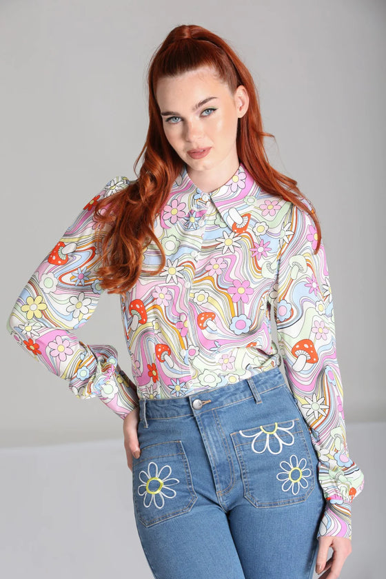 Hell Bunny Happy Daze Long Sleeve Blouse Psychedelic Groovy Print