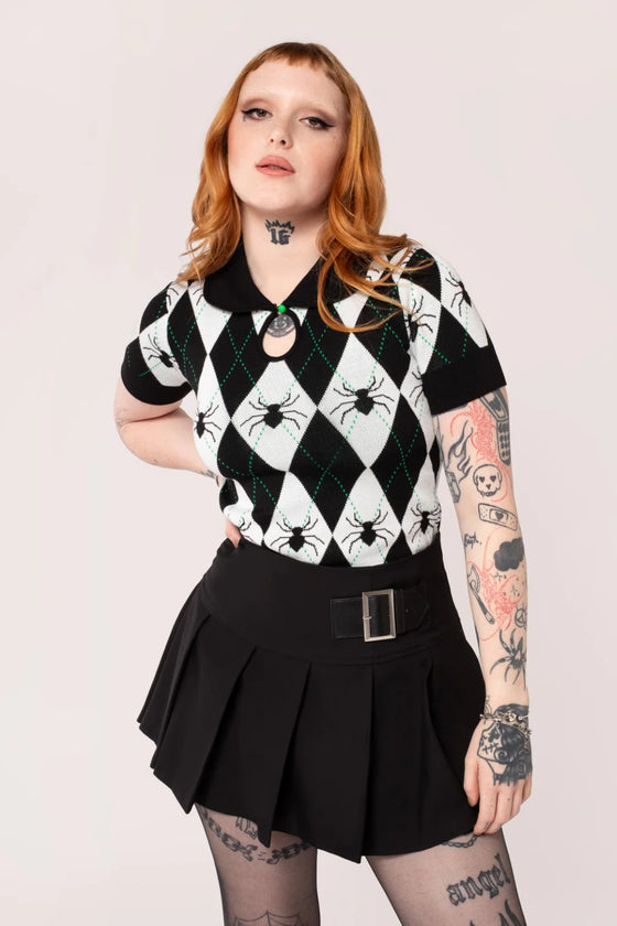 Hell Bunny Natasha Spider Top Knitted Jumper with Harlequin Design Halloween