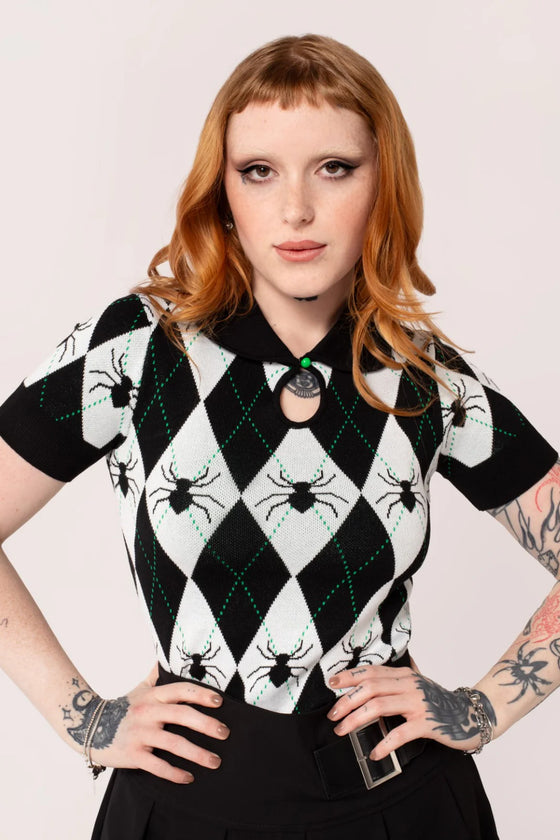 Hell Bunny Natasha Spider Top Knitted Jumper with Harlequin Design Halloween