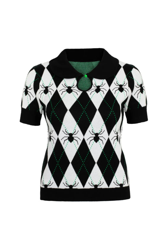Hell Bunny Natasha Spider Top Knitted Jumper with Harlequin Design Halloween