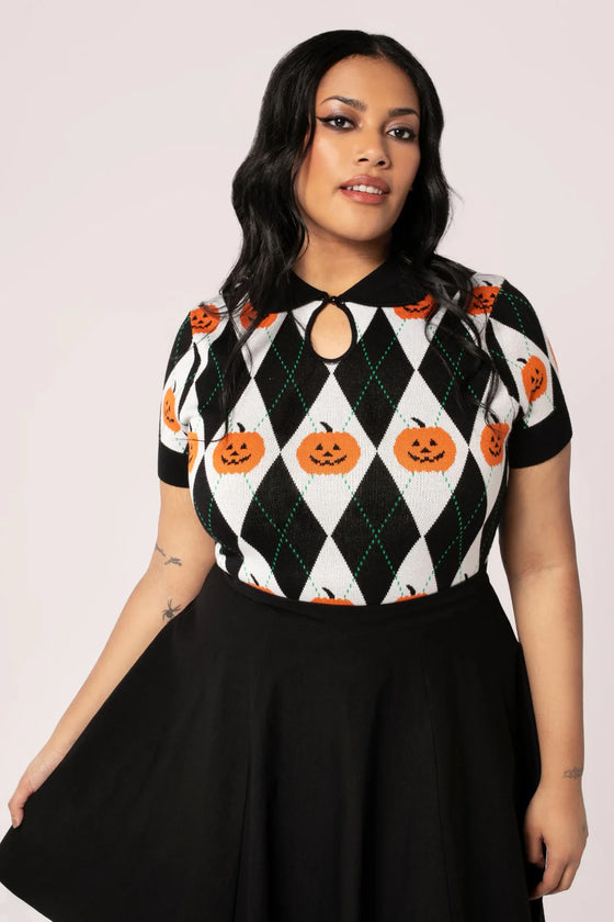 Hell Bunny Pumpkin Head Top Knitted Jumper with Harlequin Design Halloween