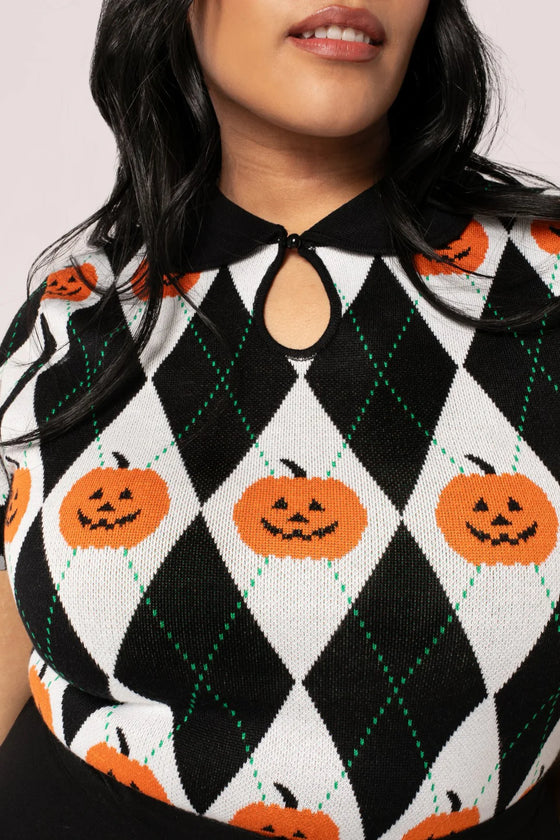 Hell Bunny Pumpkin Head Top Knitted Jumper with Harlequin Design Halloween