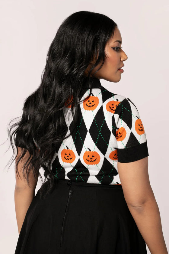 Hell Bunny Pumpkin Head Top Knitted Jumper with Harlequin Design Halloween
