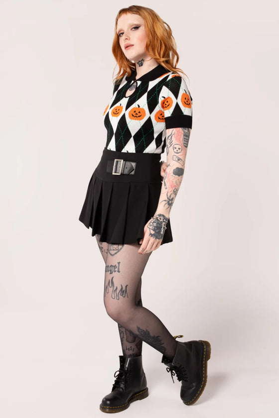 Hell Bunny Pumpkin Head Top Knitted Jumper with Harlequin Design Halloween