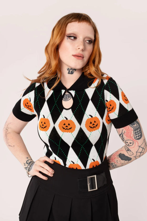 Hell Bunny Pumpkin Head Top Knitted Jumper with Harlequin Design Halloween