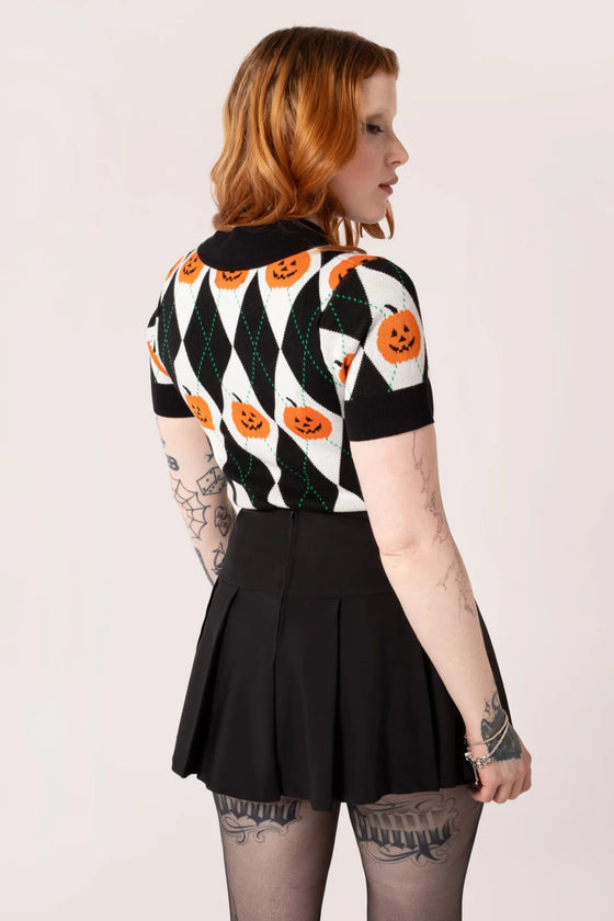 Hell Bunny Pumpkin Head Top Knitted Jumper with Harlequin Design Halloween