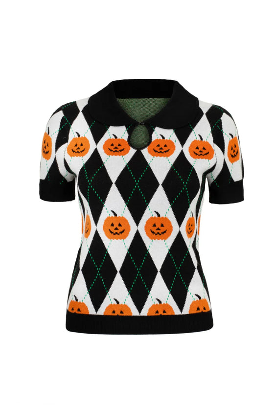 Hell Bunny Pumpkin Head Top Knitted Jumper with Harlequin Design Halloween