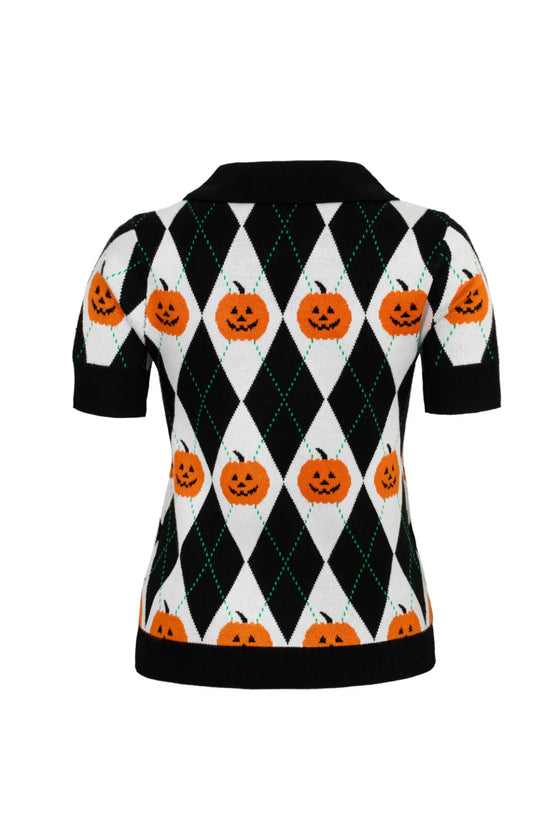 Hell Bunny Pumpkin Head Top Knitted Jumper with Harlequin Design Halloween