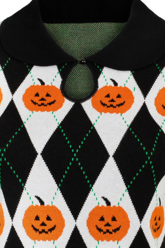 Hell Bunny Pumpkin Head Top Knitted Jumper with Harlequin Design Halloween