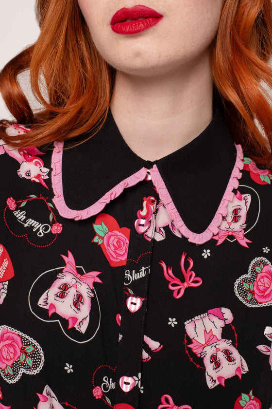 Hell Bunny Not Into You Blouse Demon Cat, Bunnies and Unicorns Print