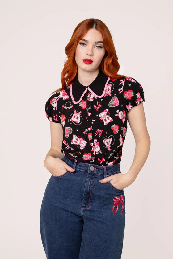 Hell Bunny Not Into You Blouse Demon Cat, Bunnies and Unicorns Print