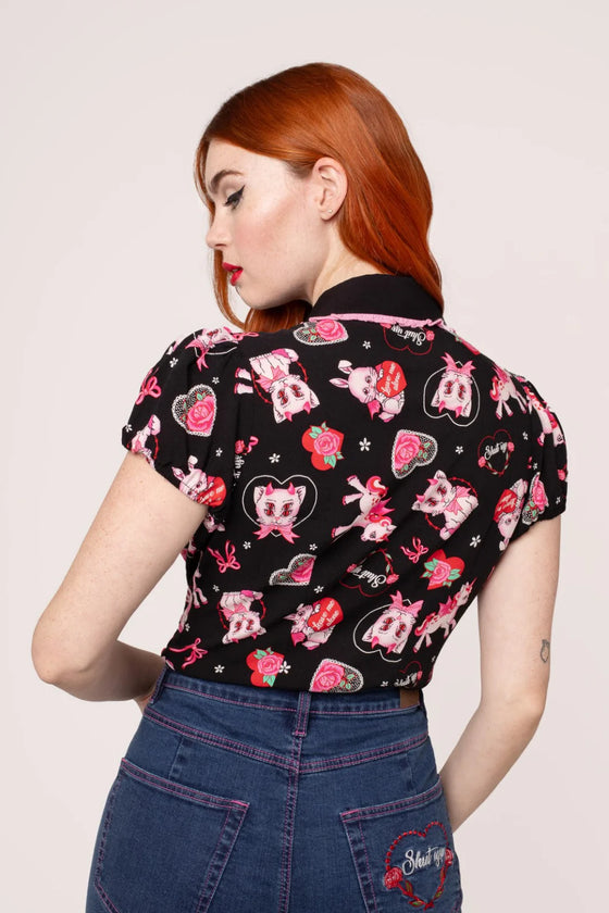 Hell Bunny Not Into You Blouse Demon Cat, Bunnies and Unicorns Print