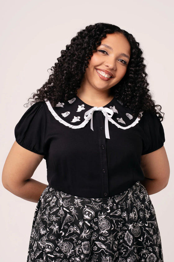Hell Bunny Phantomette Blouse with Embroidered Ghost Collar Halloween