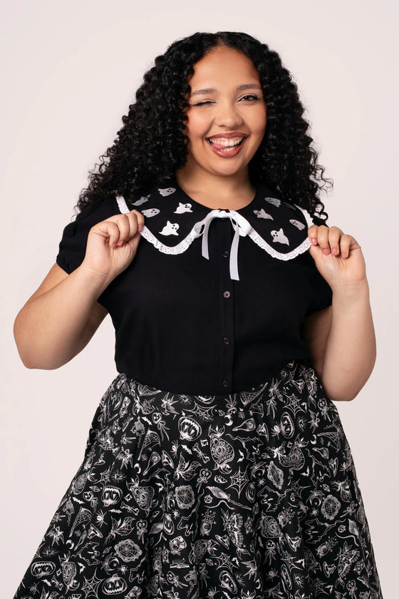 Hell Bunny Phantomette Blouse with Embroidered Ghost Collar Halloween