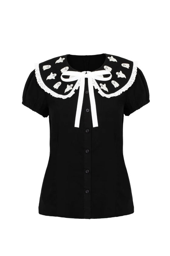 Hell Bunny Phantomette Blouse with Embroidered Ghost Collar Halloween